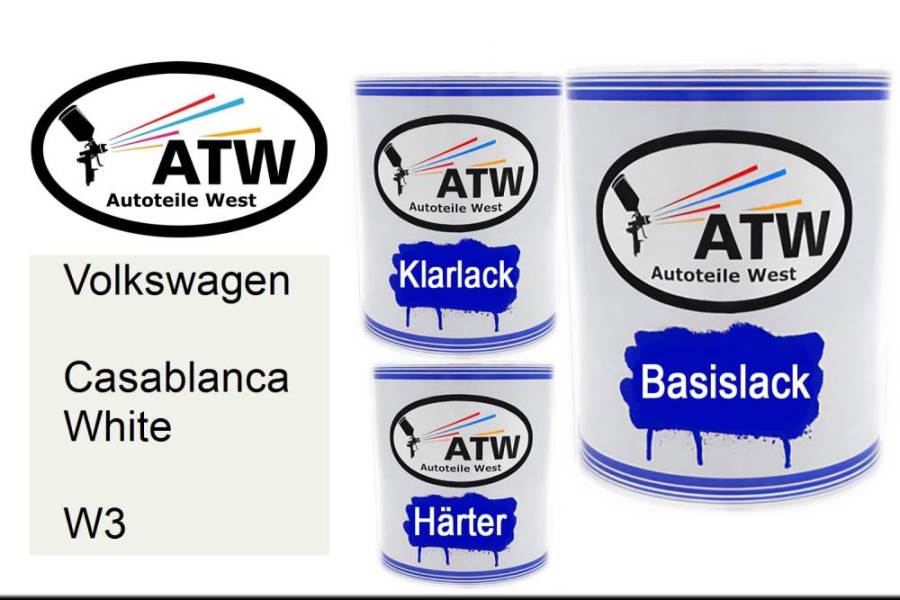 Volkswagen, Casablanca White, W3: 1L Lackdose + 1L Klarlack + 500ml Härter - Set, von ATW Autoteile West.